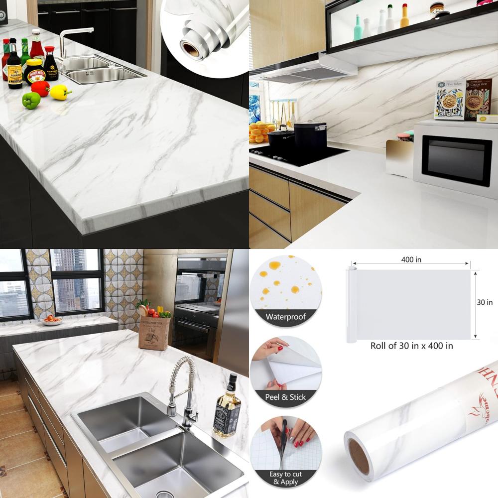 Marble Look Contact Paper 393x30 Inches, Self-Adhesive Peel and Stick for Cabinets, White Granite Countertop Covering, Easy Inst