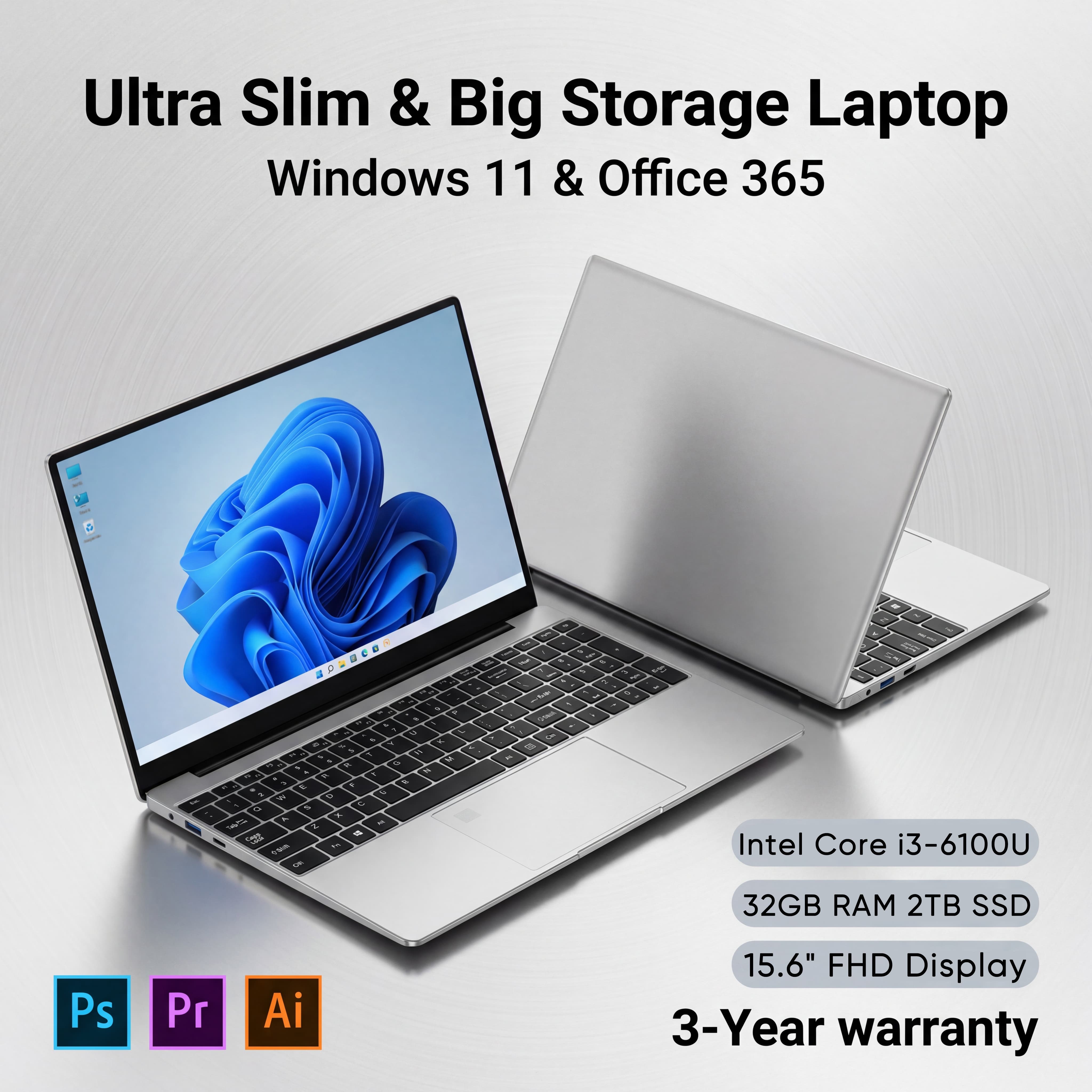 Novo Laptop Ultra Slim de 15,6 Polegadas Intel Core I3-6100U 32GB RAM 2TB SSD Tela FHD 1920*1080 Windows 11 Pro Computador para Estudo e Escritório