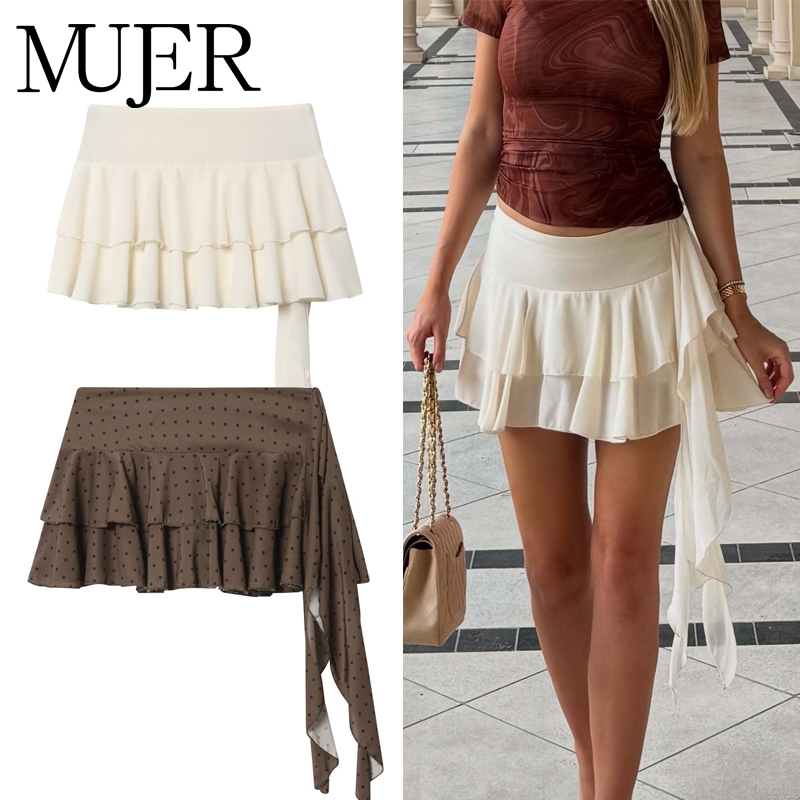 MUJER Falten-Minirock für Damen, gepunktete Skorts für Damenröcke, Rüschenrock mit mittlerer Taille, mehrlagige kurze Röcke für Damen