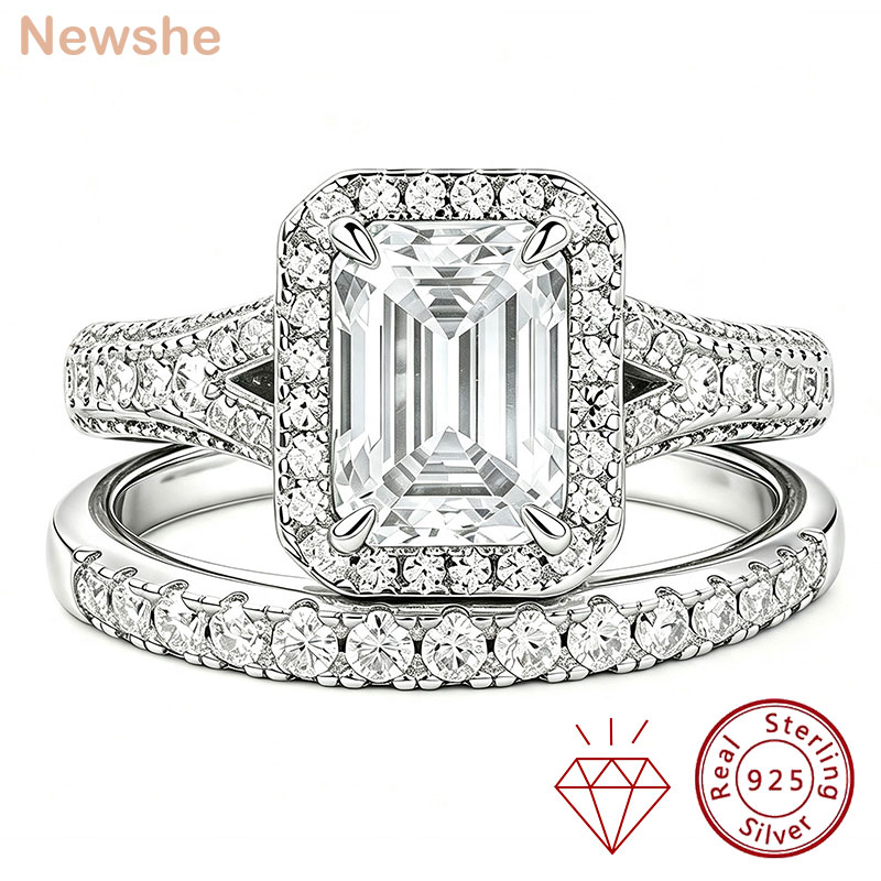 Anillo de Boda Apilable para Mujer Newshe con Moissanita VVS1, Certificado GRA, Corte Esmeralda Halo, Plata de Ley 925, Anillos Nupciales