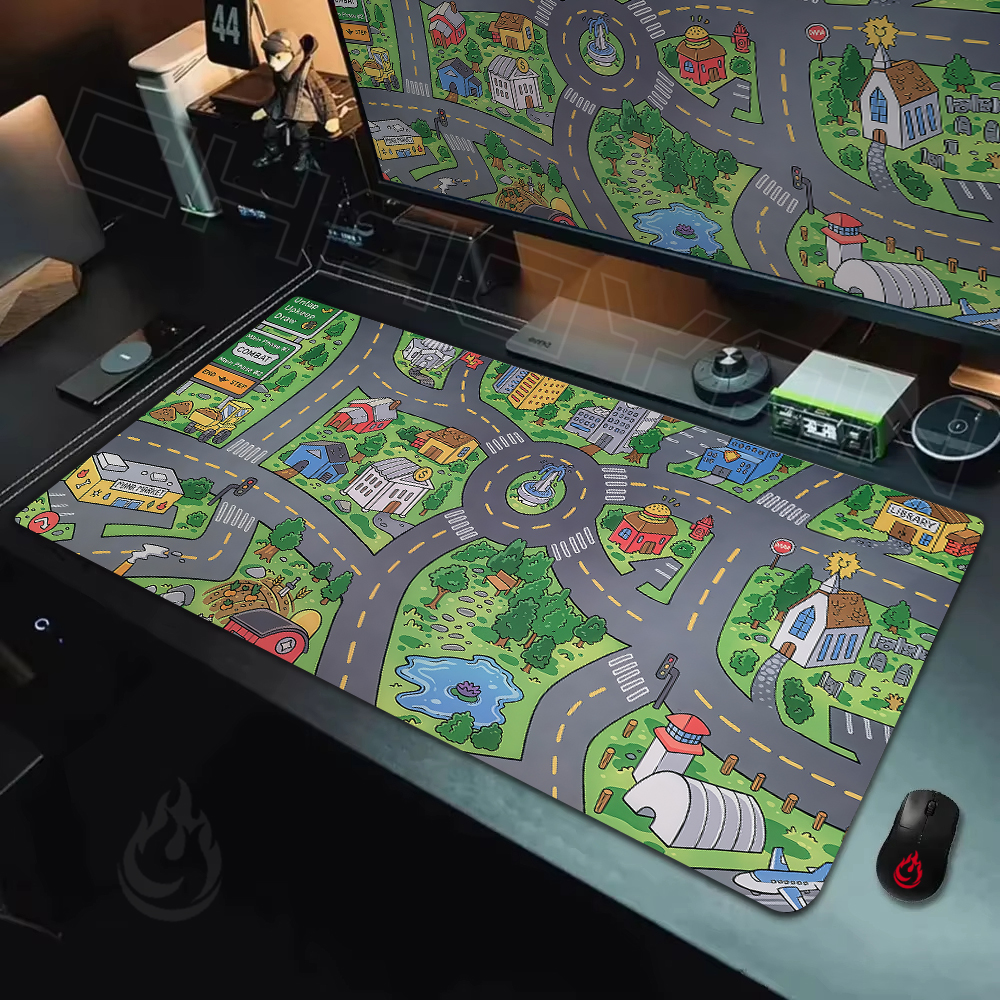 Tapis de souris Car City, style rétro, thème urbain, pour la jeunesse, tapis de bureau, tapis de jeu, antidérapant, durable, avec bords cousus, tapis étendu, tapis de bureau