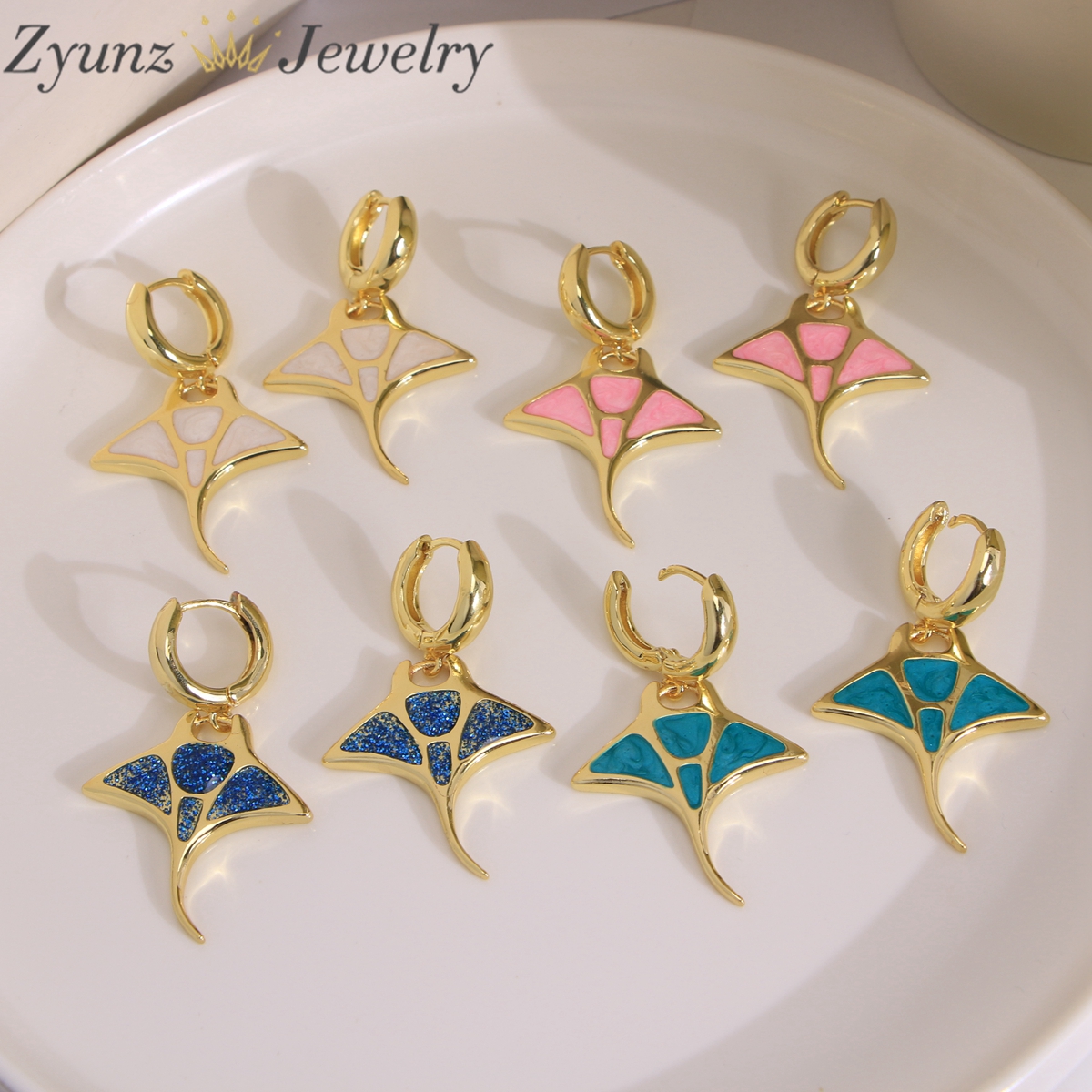 5 Pairs, Trendy Summer Sea Animal Earring, Gold Plated Manta Ray Colorful Enamel Dangle Earrings