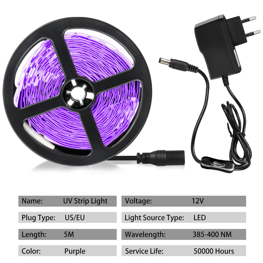 Tira de luces LED UV DC 12V 5M ultravioleta 385-400nm luz negra 2835 SMD lámpara UV cinta LED Flexible para fiesta fluorescente brillante