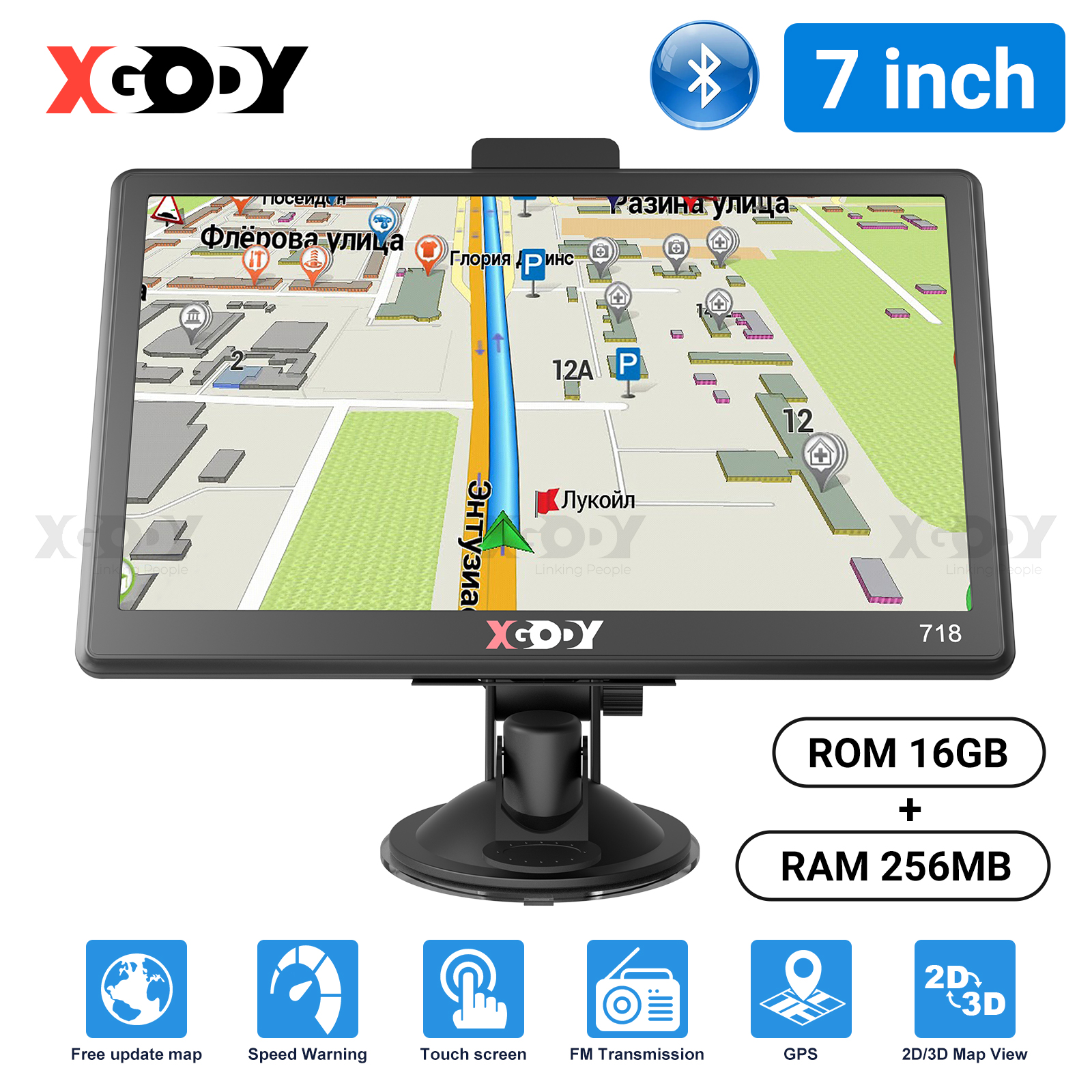 XGODY 718BT 718F 7-calowy nawigator samochodowy GPS do samochodu ciężarowego 256M 16GB Nawigator z ekranem pojemnościowym Mapa aktualizacji za darmo z osłoną przeciwsłoneczną