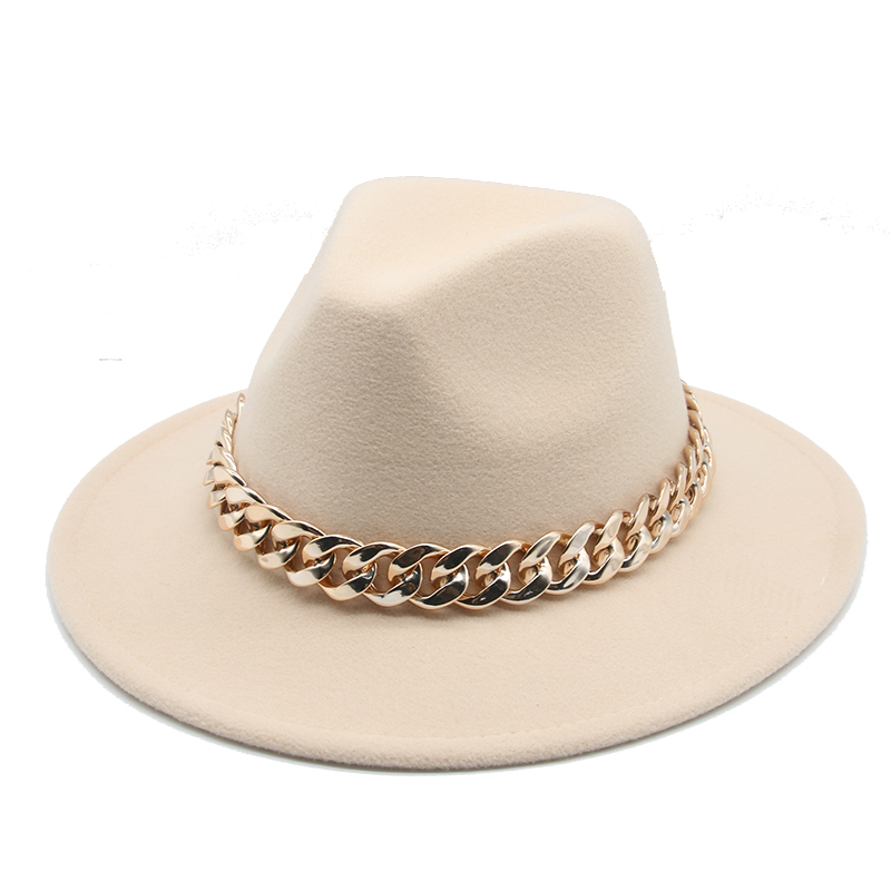 Cappelli Fedora per donna uomo tesa larga fascia a catena in oro spesso cappello in feltro berretto Jazz inverno autunno Panama cappello di lusso rosso Chapeau Femme
