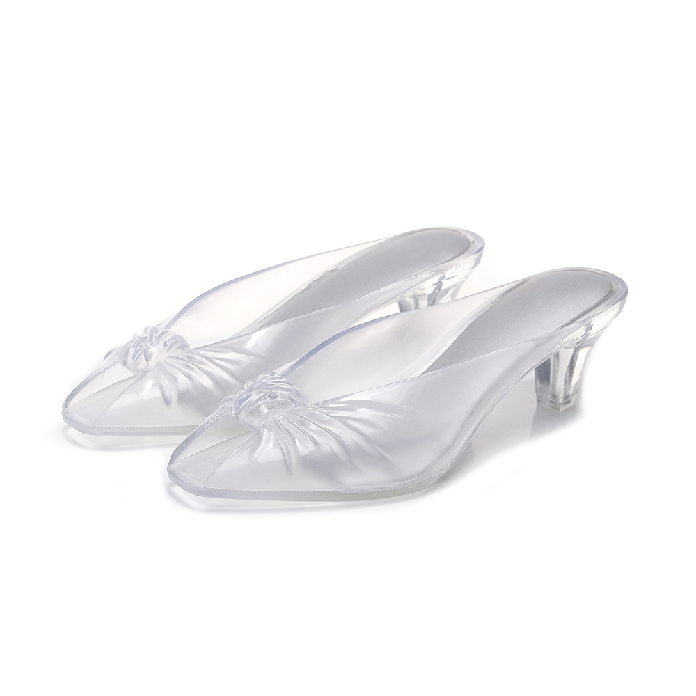 Sandálias de Verão Minimalistas Transparentes com Salto Gatinho, Bico Quadrado Aberto e Detalhe de Laço Franzido Frontal