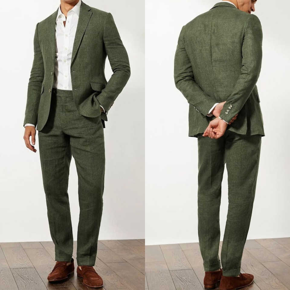 Olivgrüner Leinenanzug für Herren, Hochzeit, Bräutigam, Sommer, Strand, formell, Business, lässig, maßgeschneidertes Set M26823