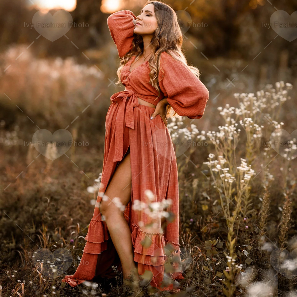Bawełna lniana sukienka ciążowa dla sesja zdjęciowa dwuczęściowy zestaw bawełniana kobieta w ciąży sukienka Baby Shower suknia macierzyńska Boho