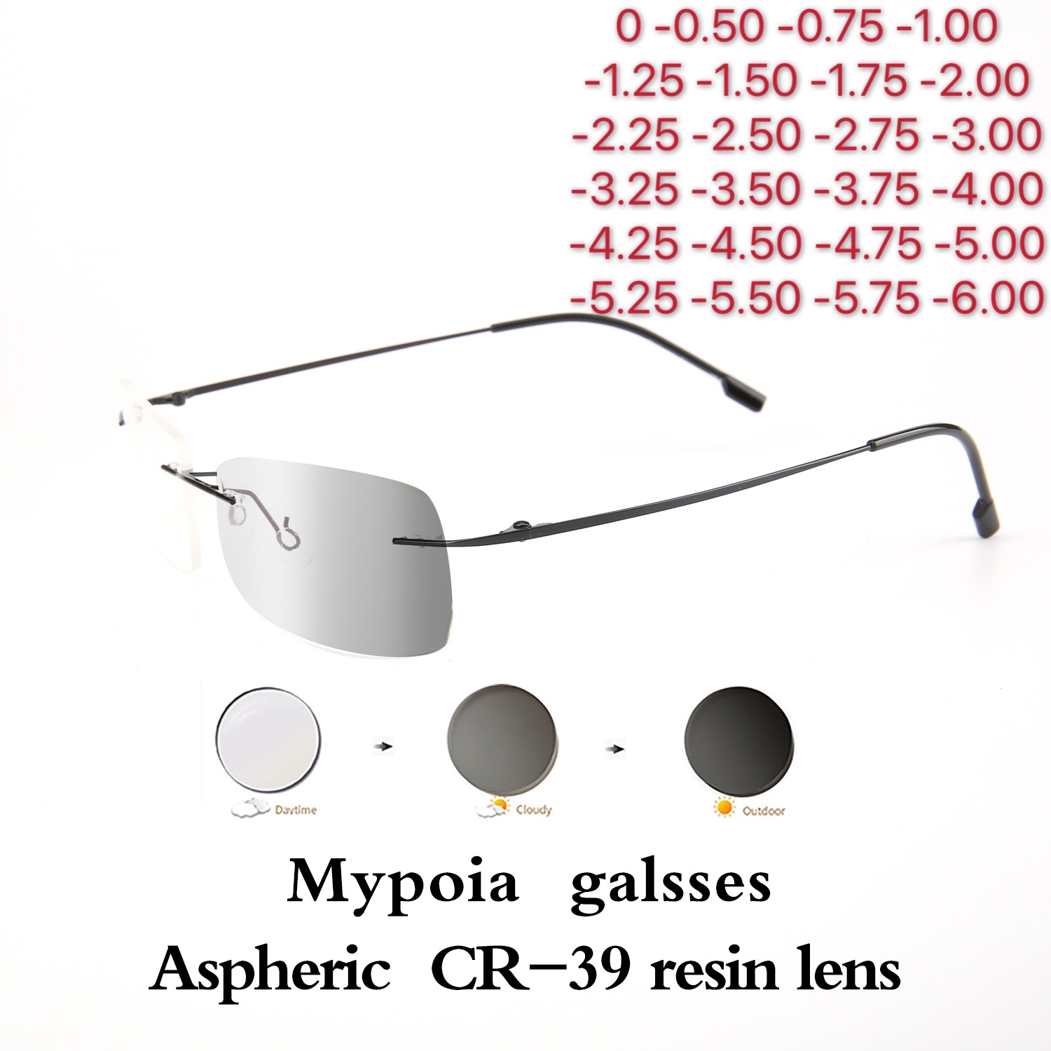 Lunettes de soleil photochromiques pour myopie, ultralégères, sans cadre, à la mode, optique fini, dioptrie 0 à -6.00