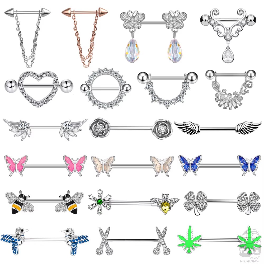 2 Stück Schmetterling Nippelpiercings Ringe 16 mm Länge Bar Barbell Stahl Kristall Nippelschild Abdeckung Herz Blume Zunge Körperschmuck