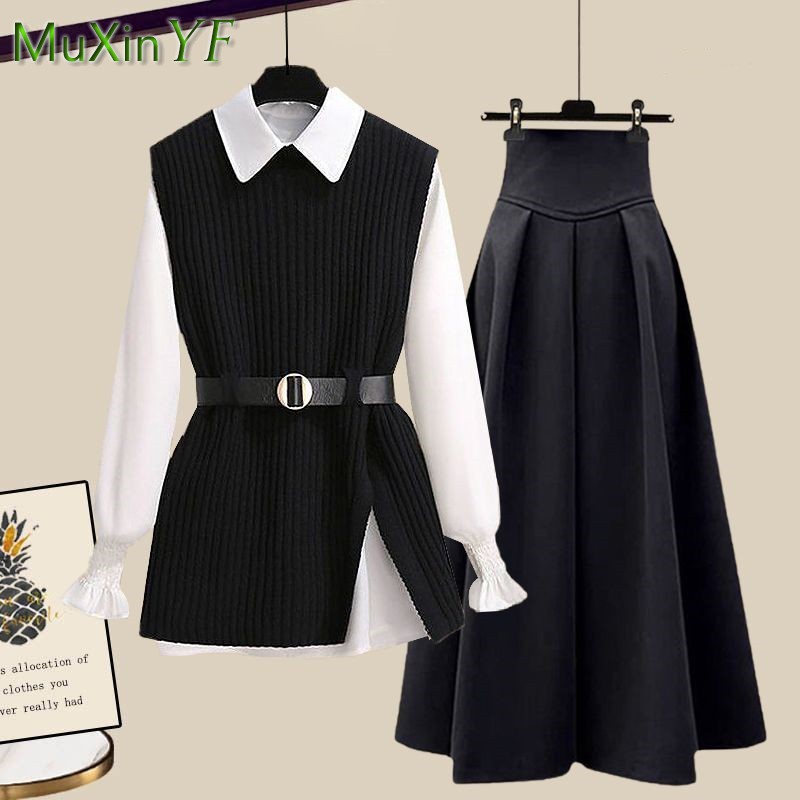 Conjunto de Tres Piezas para Mujer, Primavera-Otoño 2026, Estilo Coreano Elegante, Chaleco de Punto + Camisa + Falda Midi de Cintura Alta