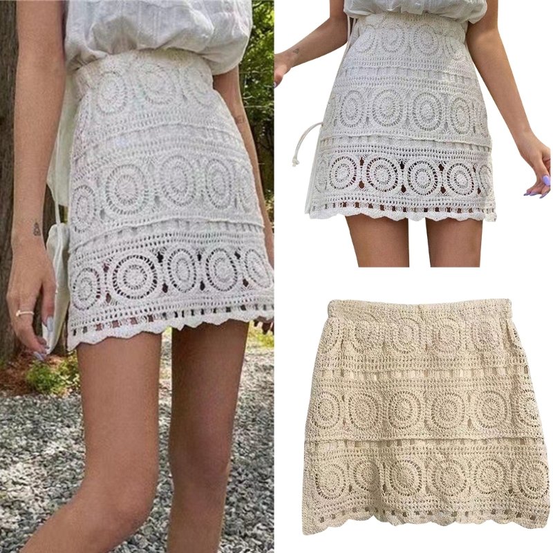 Minigonna lavorata a maglia all'uncinetto da donna gonna a trapezio a vita alta con motivo geometrico Boho estivo da donna con fodera