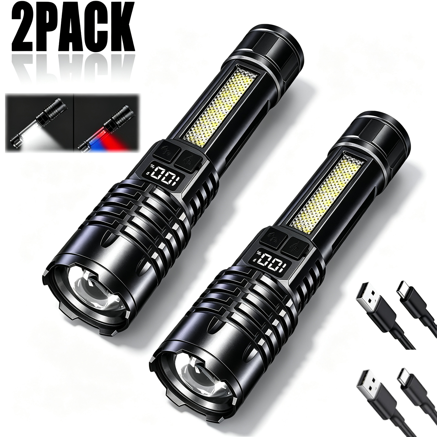 Hochleistungs-LED-Taschenlampe, tragbare Zoom-Taschenlampe, wiederaufladbar, wasserdicht, Typ C, mit COB-Seitenlampe für Outdoor-Camping und Wandern