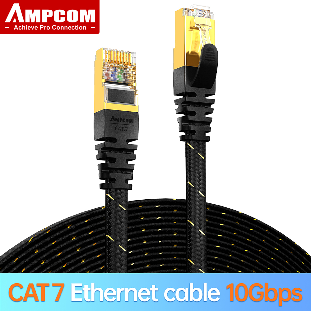 Kabel Ethernet AMPCOM CAT7 (10G 600MHz), ekranowany płaski kabel sieciowy RJ45, złocony przewód 50u, oplot poliestrowy