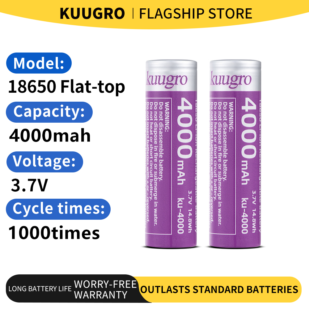 Kuugro ku-4000 Highest Capacity 18650 Battery 4000mAh 3.7V 12A Discharging Rechargeable Batteries For Flashlight Batteries