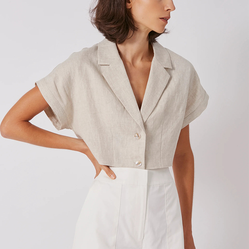 100% Linen Women's Shirt Vintage Notched Collar Short Sleeve Button Up Shirts Elegant Fashion Woman Blouses 2026 Blusas Feminina