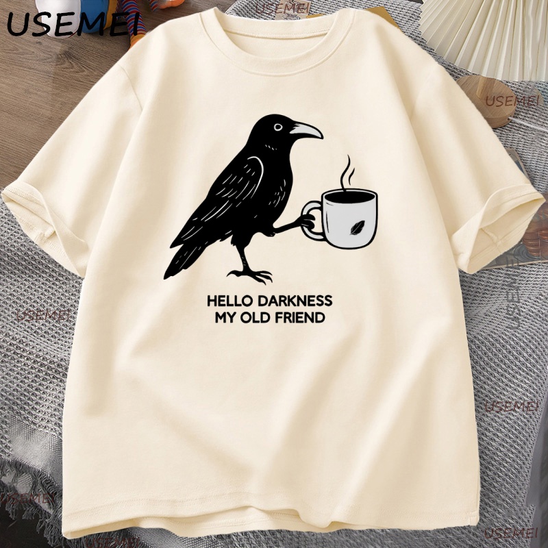 Camiseta Vintage de café de cuervo, camiseta de Halloween, camiseta de otoño, camisetas de algodón para hombres y mujeres, camisetas creativas con cuello redondo, camiseta holgada de manga corta