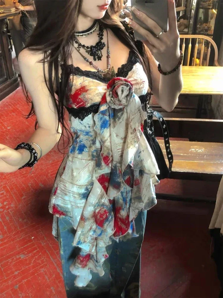 新しいアメリカンスタイルのセクシーなギャルホルタートップ女性デザイン甘いプリントスリムキャミソール夏のハイストリートコケット非対称 Tシャツ