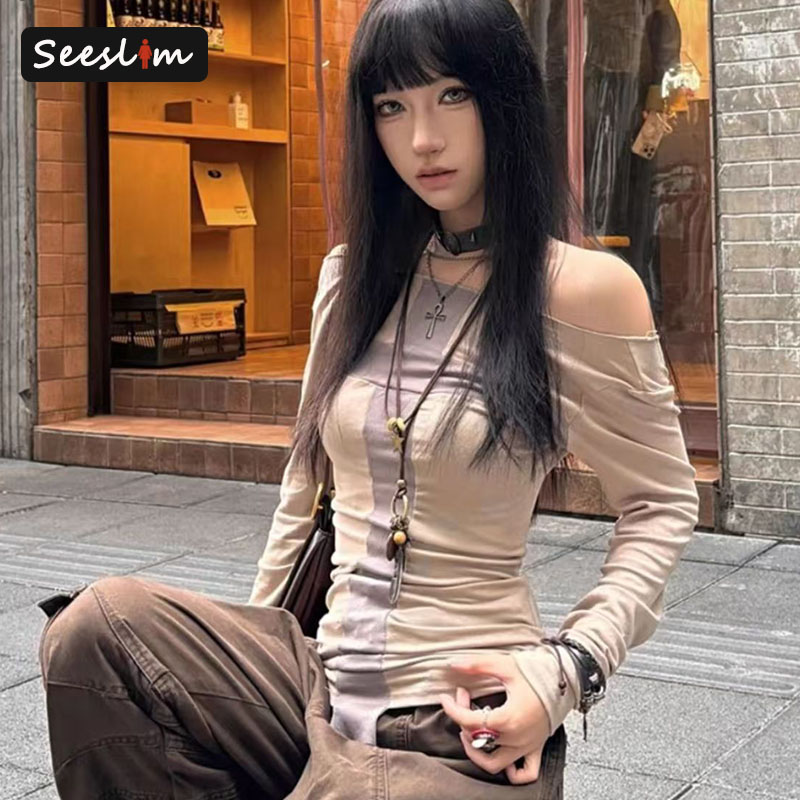 Seeslim เสื้อยืดผู้หญิง 2000s เสื้อผ้า Y2k Tees หญิงแขนยาวปิดไหล่เกาหลีแฟชั่นผอม Hotsweet ฤดูใบไม้ร่วง Tops Slim
