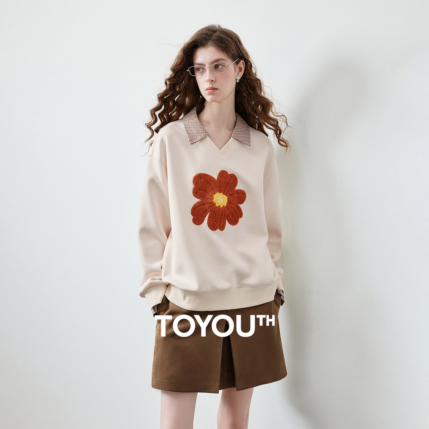TOYOUTH Women's Fake Two Piece Sweatshirt 2026 Autumn New Arrival Meconopsis Plaid Turn Down Collar Splicing Loose Top