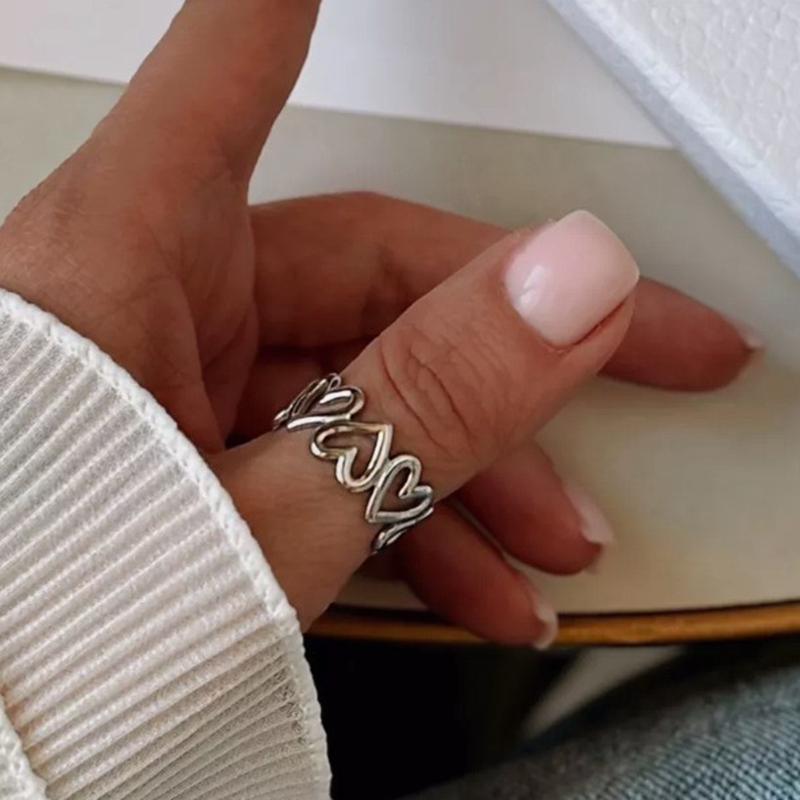 Vintage Personality Geometric Shape Simple Love Heart Rings for Women Unique Design Adjustable Open Mouth Rings Jewelry Gifts