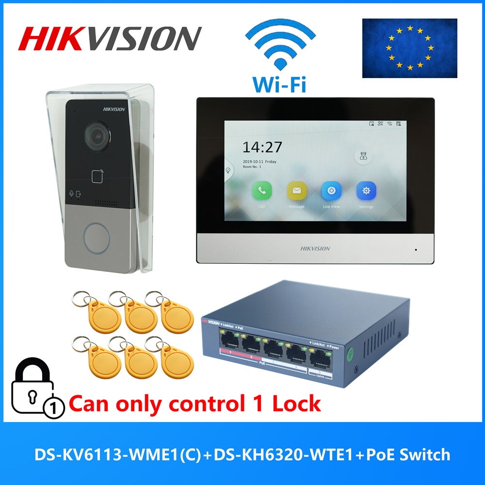 HIKVISION DS-KIS603-P(C) KIT de videoportero POE 802.3af multilingüe, incluye DS-KV6113-WPE1(C) y DS-KH6320-WTE1 y conmutador PoE