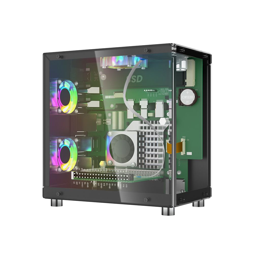 Obudowa Elecrow Mini PC z ekranem OLED 1,3 cala, 3 wentylatorem chłodzącym, gniazdem PCIe M.2, kolorowym oświetleniem RGB dla Raspberry Pi 5, Jetson Orin Nano