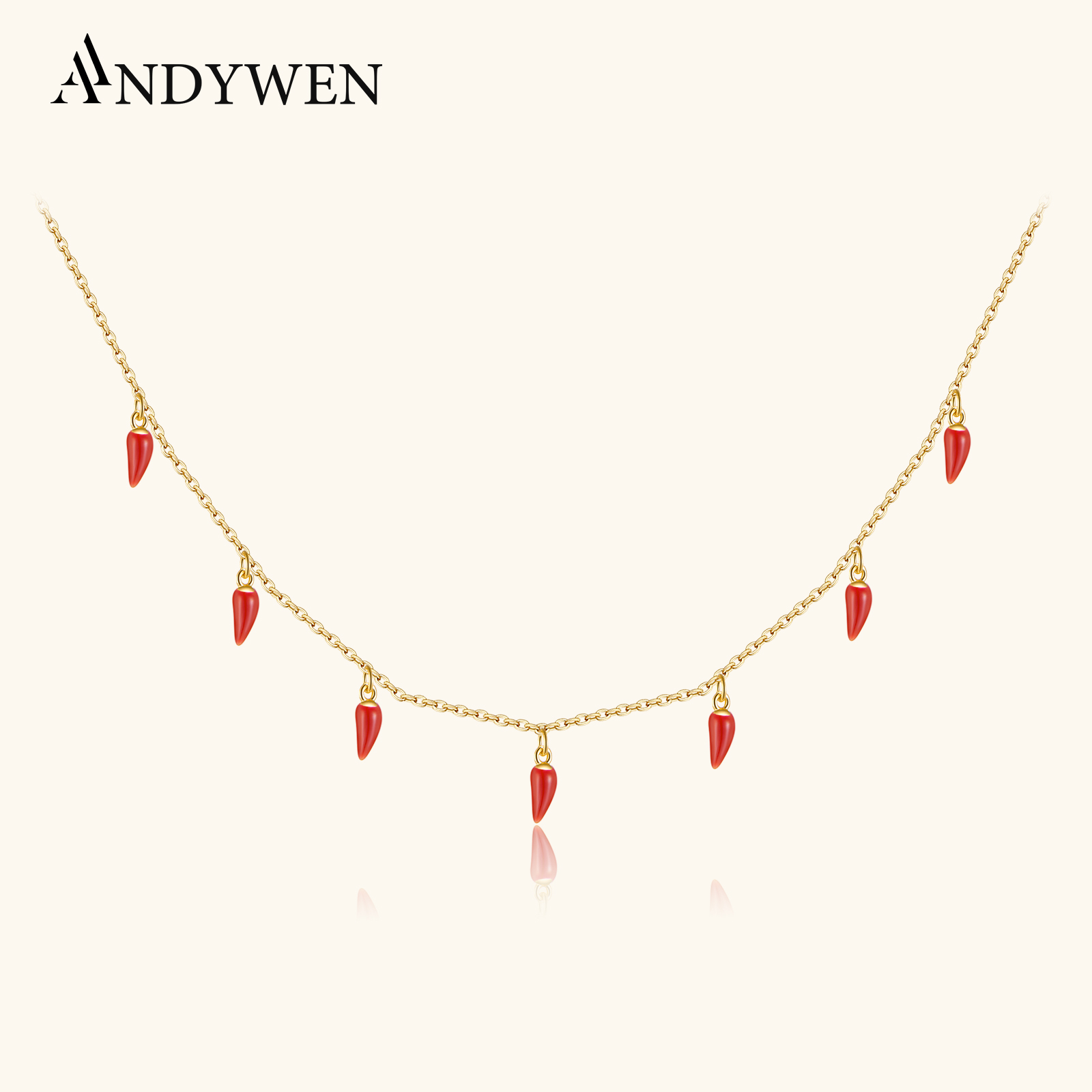 ANDYWEN Collar de Cadena Larga con Colgante de Chile Rojo Picante de Plata de Ley 925 y Oro 2021, Joyería Fina para Boda, Rock, Punk, Fiesta