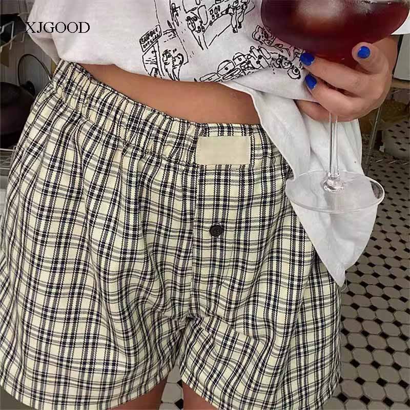 Damesshorts, elastische tailleband voor tienermeisjes, geruite shorts, casual zomershorts, comfortabele losse shorts met hoge taille