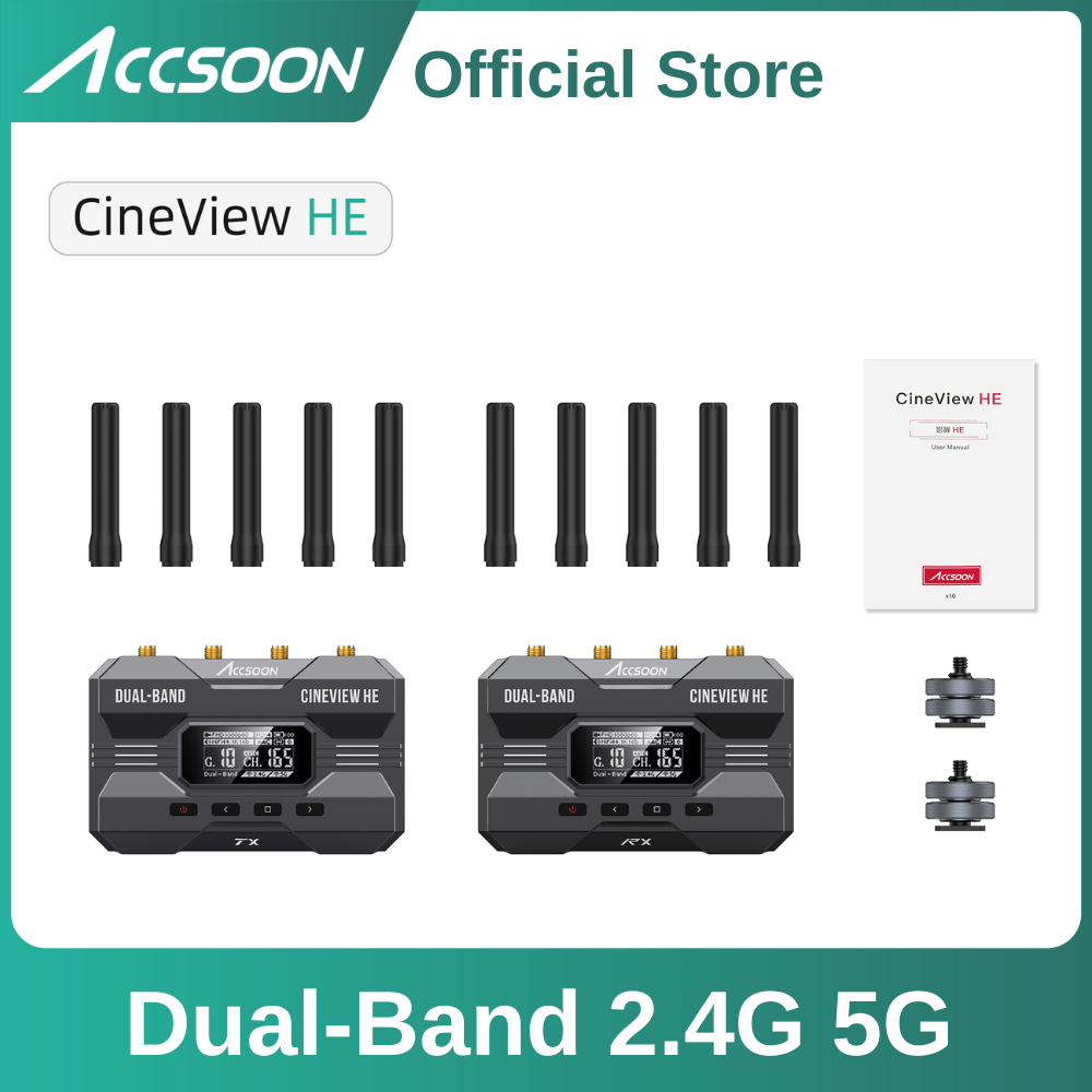 Accsoon CineView HE Bezprzewodowy Nadajnik i Odbiornik Wideo, 2.4+5Ghz, Wyjście UVC do Transmisji na Żywo 1080p60, Opóźnienie 0,06s, Zasięg 1200 stóp, Monitorowanie do 4 Urządzeń, Kompatybilny z CineView 2 SDI/SE/Quad