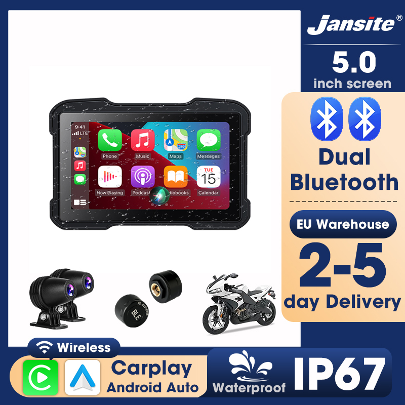 Jansite-pantalla de 5 pulgadas para motocicleta, navegación Carplay, tablero Digital portátil, Android Auto, IP67, resistente al agua, Monitor BT, DVR