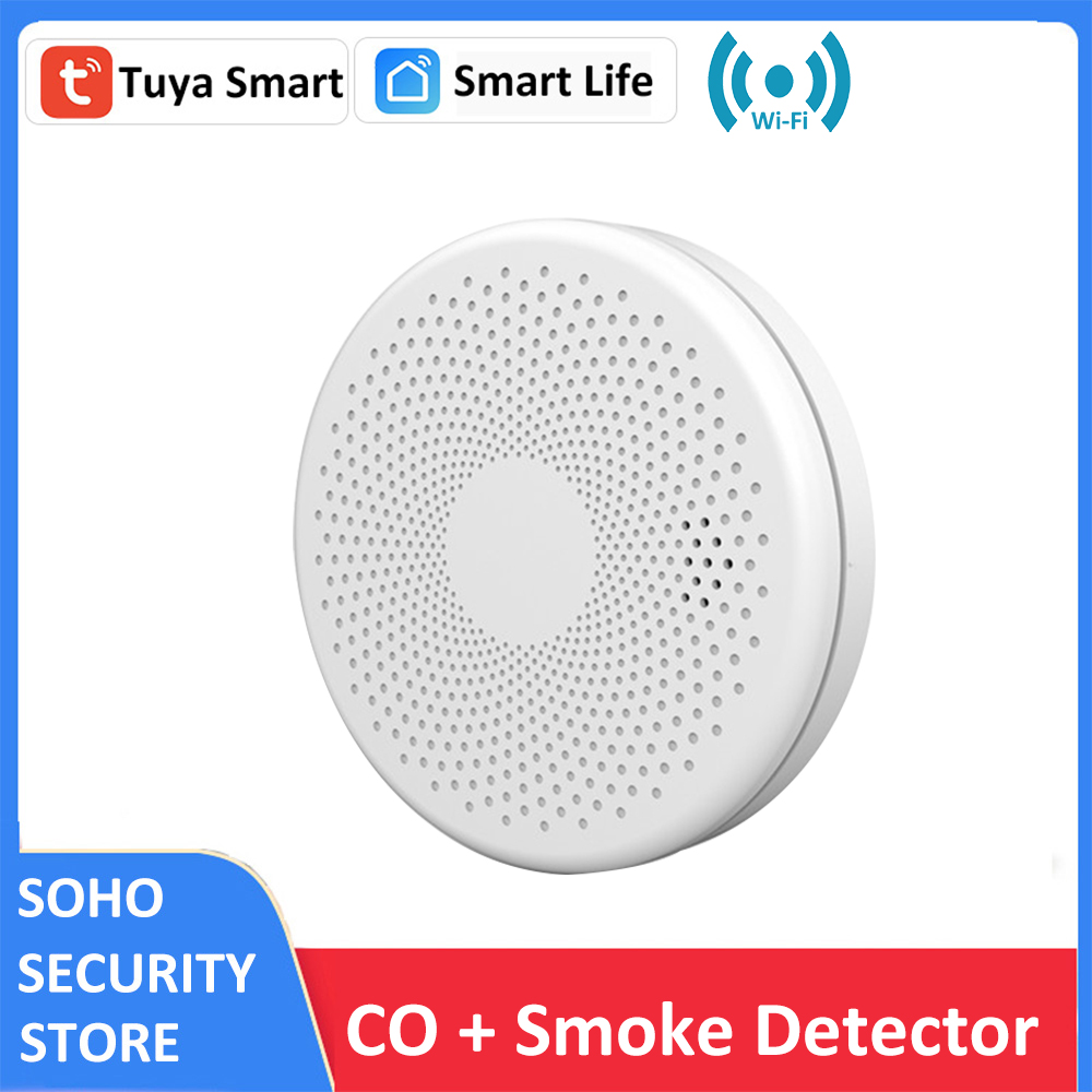 Tuya-Sensor de humo 2 en 1, Detector de monóxido de carbono CO, alarma integrada, alerta de sonido de 85dB, indicador LED, protección de seguridad para el hogar contra incendios