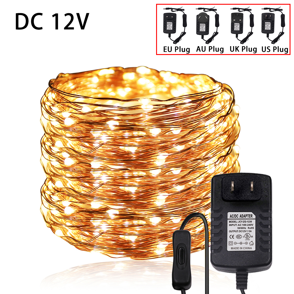 Weihnachten LED String Licht DC 12V Kupfer Draht Fee Licht Urlaub Outdoor Weihnachten Lampe mit Schalter EU/UK/AU/US Power Stecker