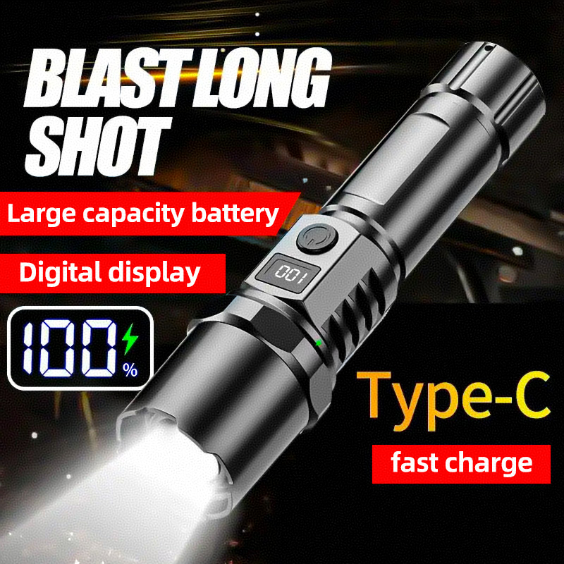 Linterna LED ultrabrillante con zoom y luz indicadora de batería, flash de luz de camping con carga USB