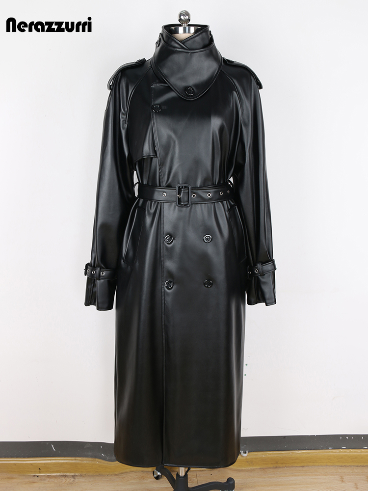Casaco Trench Masculino Preto de Couro PU Impermeável e à Prova de Vento, Longo e Oversized, com Cinto e Dupla Abotoadura, Coleção Primavera/Outono 2024 - Nerazzurri
