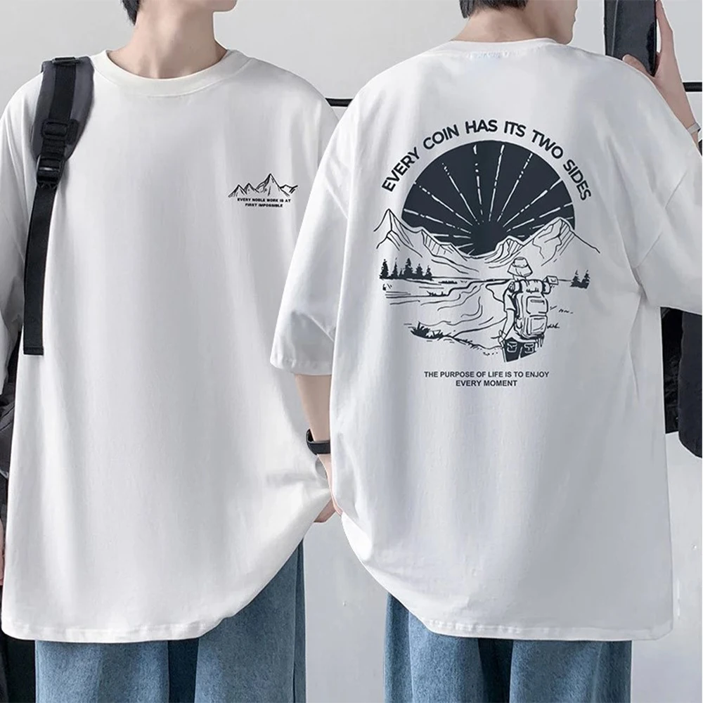 Camiseta de algodón para hombre, camiseta de media manga con estampado frontal y trasero, camisetas informales holgadas de gran tamaño con cuello redondo para verano para hombre