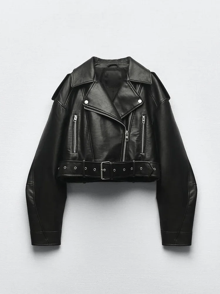 Chaqueta corta de piel sintética con cinturón para mujer, abrigo holgado con solapa y cremallera para motociclista, prendas de vestir, primavera y otoño