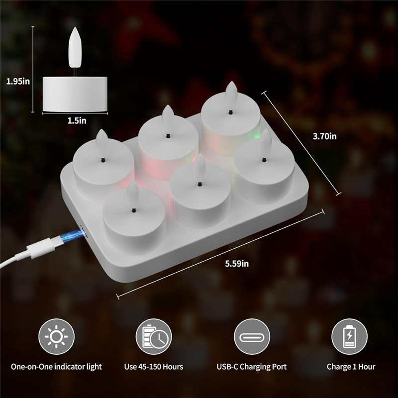 B62B-Rechargeable Flameless Tea Lights Candles With Charging Station 6Pcs Battery Tea Lights Candles With Remote & Timer