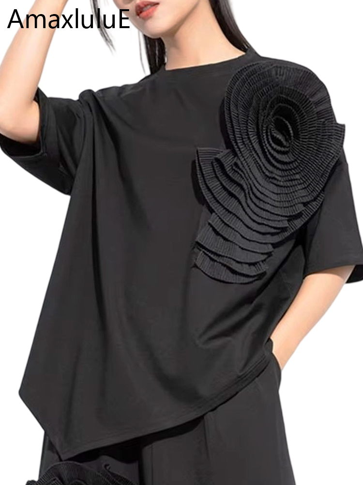 Amax LuluE 2024 ออกแบบฤดูร้อนผู้หญิงOคอดอกไม้PatchworkหลวมสบายๆหรูหราTeeเสื้อสุภาพสตรีคลาสสิกHarajukuเสื้อผ้า