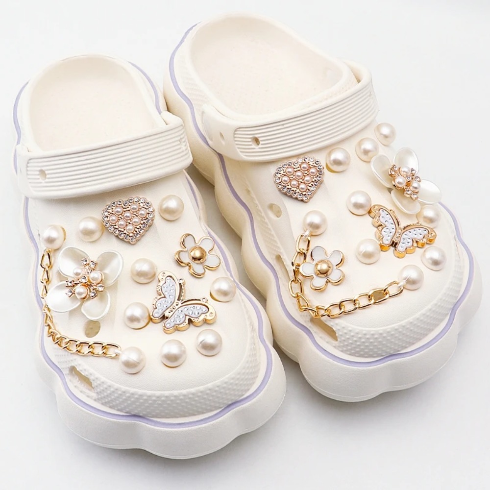 Pink Shoe Charms Set Creative DIY Shoe Flower Diamond Pearl Rhinestone Detachable Chain buckle Girls Shoe Decoration