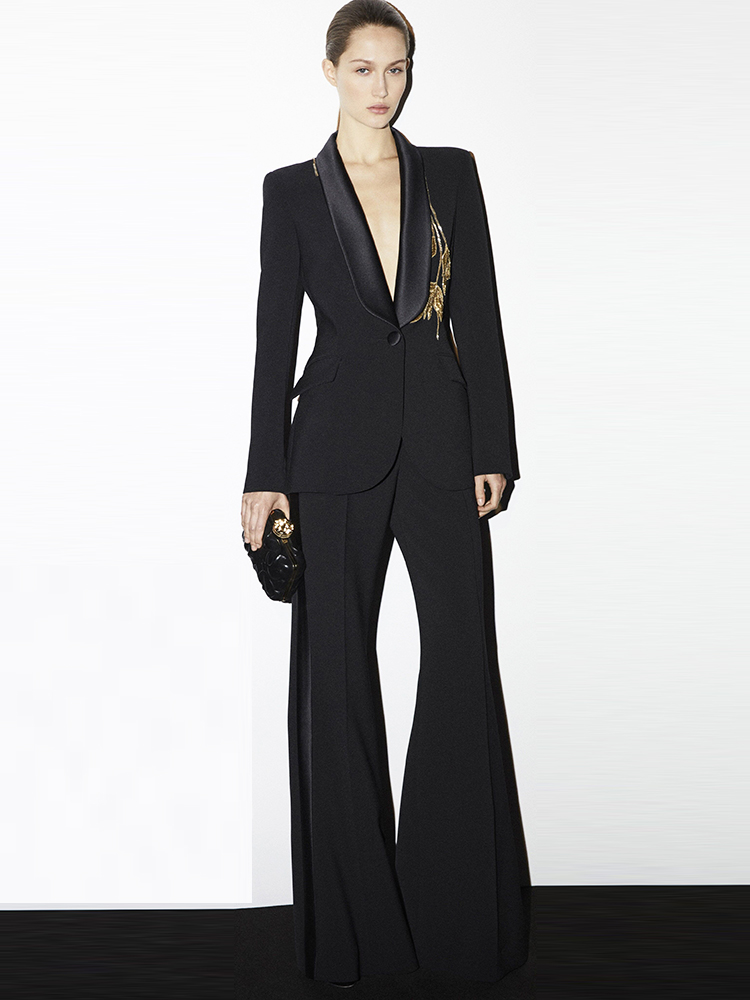 Conjunto de Terno Designer Mais Recente 2026 para Mulheres, Blazer com Gola de Chal com Flores e Calças Flare, 2 Peças