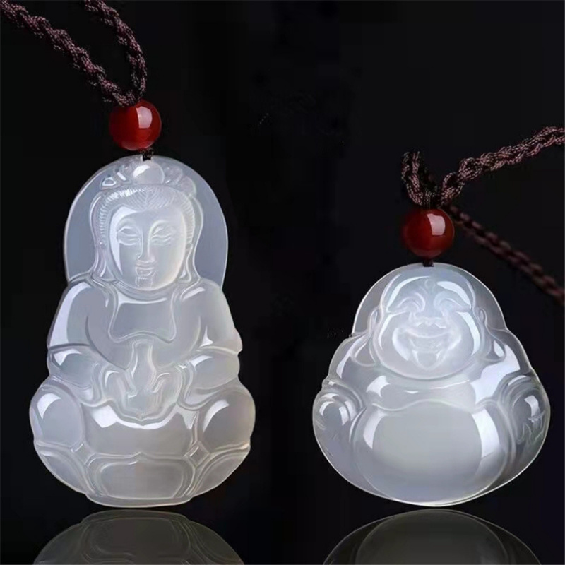 Manufacturer Wholesale Jade Agate White Chalcedony Pendant Hanging Ice Jade Little Buddha Guanyin Bodhisattva Jade Gift Ornament