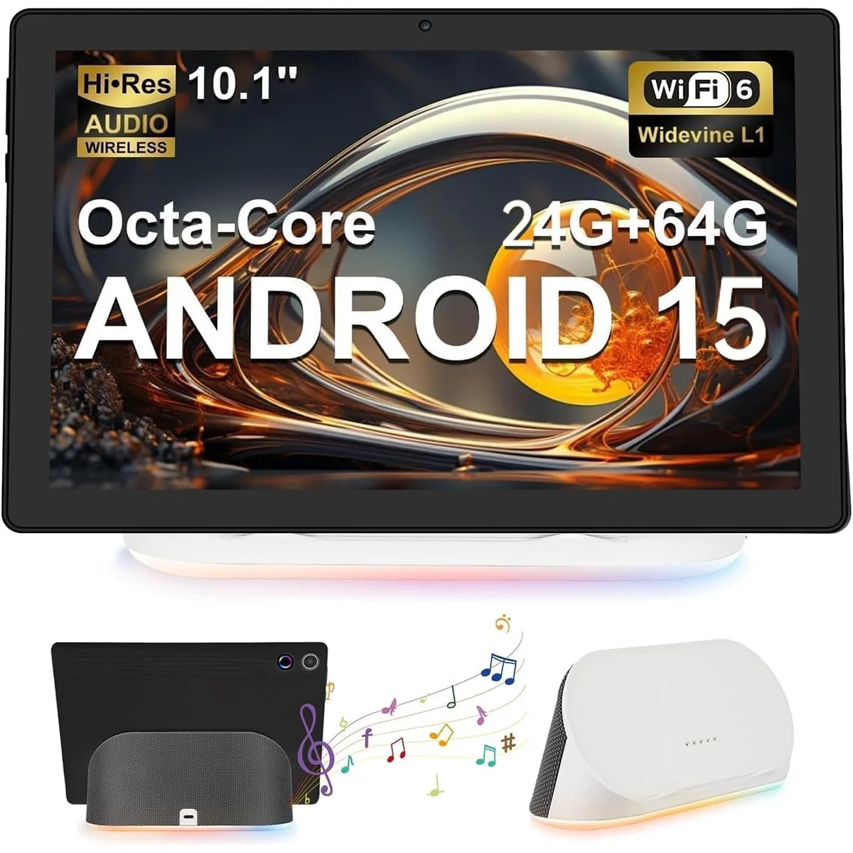 Android 15搭載タブレット、充電スピーカードック付き、オクタコアCPU、24GB RAM、64GB ROM、1TB拡張可能、WiFi 6、BT5.3、Google PC PAD
