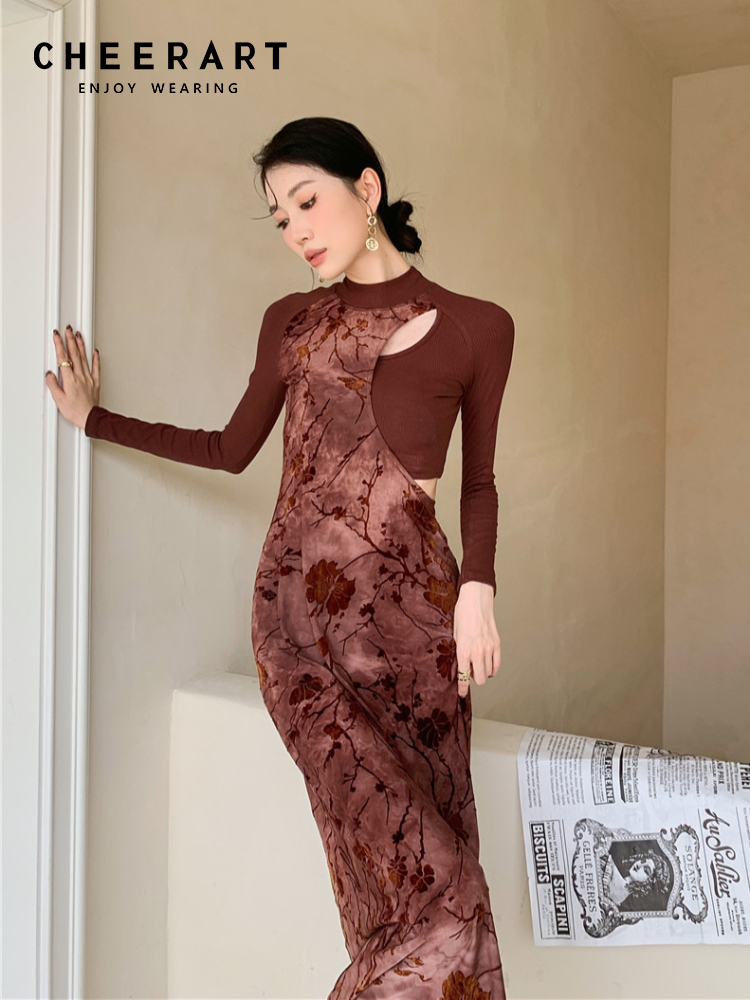 CHEERART uciekają Vintage Bodycon długie sukienki dla kobiet 2023 brązowy długi rękaw linia wieczór Midi panie nowy w sukienkach