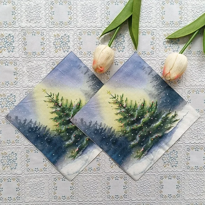 20 unidades/paquete de servilletas con estampado de árbol de Navidad nevado de 2 capas, manteles individuales de papel desechables para fiesta de colección navideña, papel Bart de mariposa