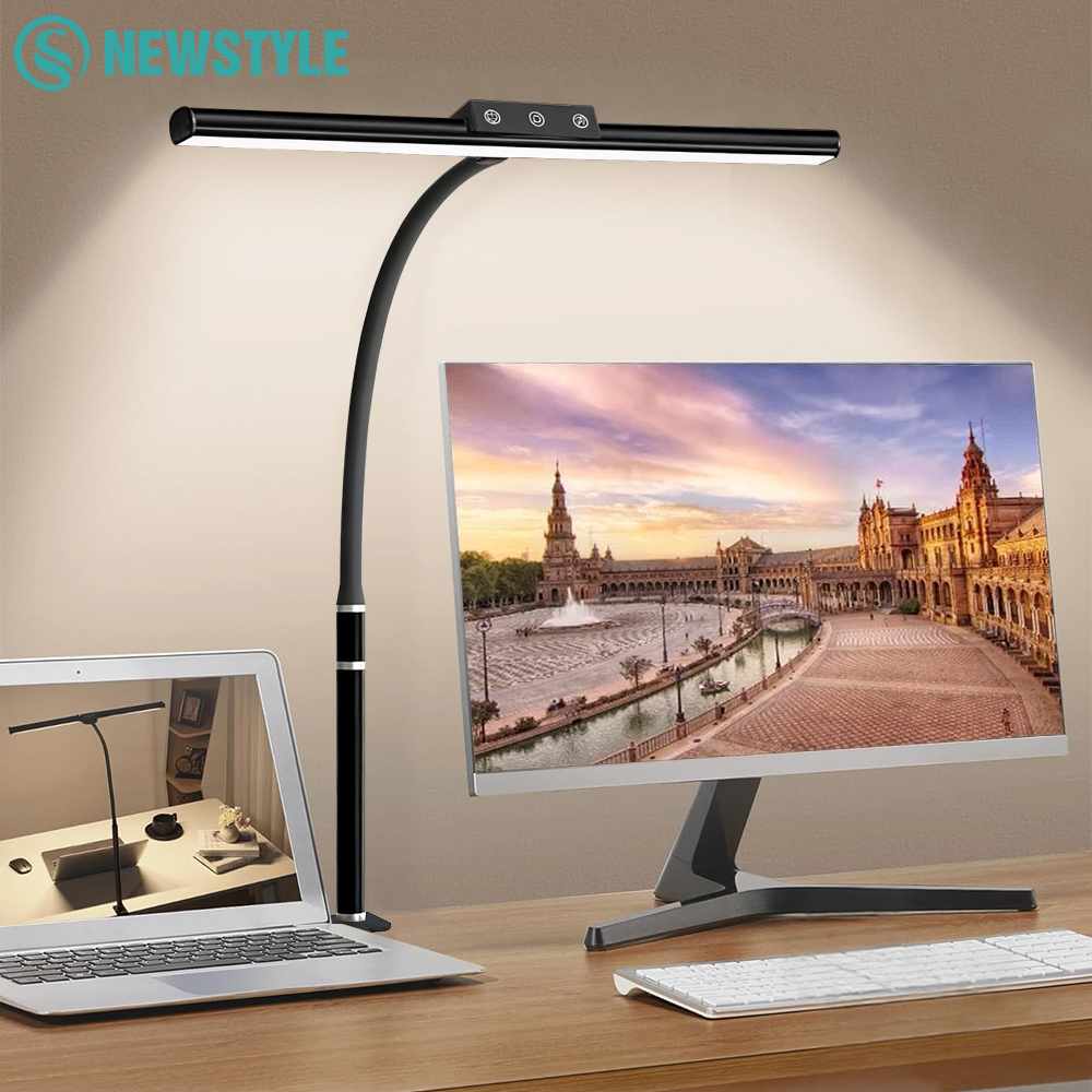 Computer-Monitor-LED-Schreibtischlampe, 5-Farben-Temperatur, stufenloses Dimmen, flexibler Schwanenhals, Ra80+, auffällige Lesetischlampe für zu Hause