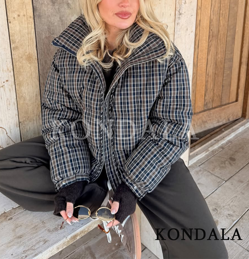 KONDALA Trendy Vintage geruite gewatteerde jas Dames opstaande kraag ritsjas 2026 herfst winter chique high street casual jas