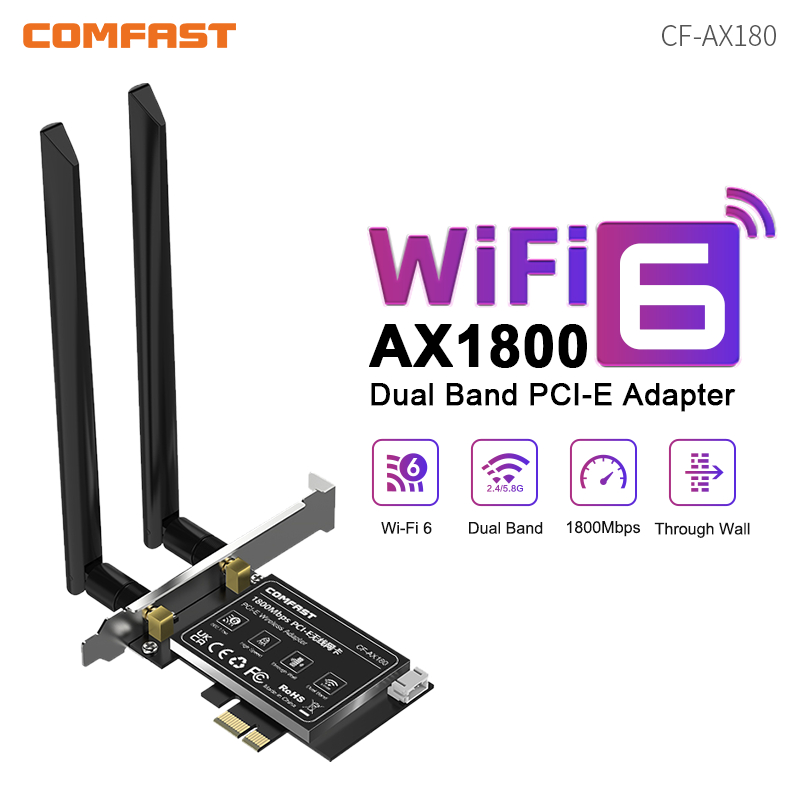 COMFAST AX180 1800 Мбит/с Wi-Fi 6 Беспроводной адаптер PCI-E 2,4G и 5,8 ГГц Bluetooth 5,2 Сетевая карта 2*5 дБи Антенны для настольных ПК Win10/11
