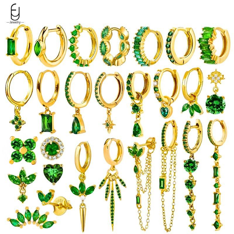 925 prata esterlina agulha verde zircão brincos de ouro coração hoop brincos para mulheres delicados brincos de luxo jóias presentes