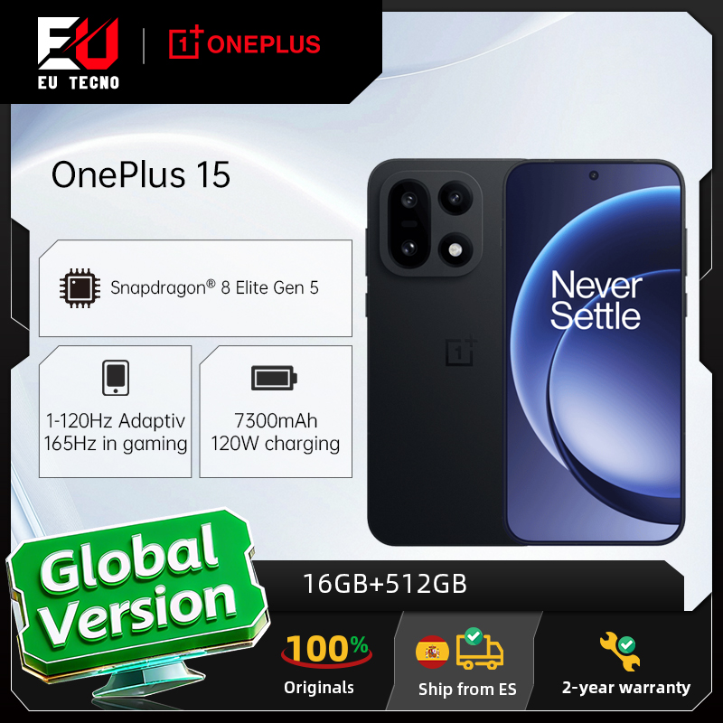 Smartphone OnePlus 15 5G versione globale con processore Snapdragon 8 Elite Gen 5, display a 165 Hz, batteria da 7300 mAh, ricarica da 120 W e NFC, colore nero telefoni cellulari